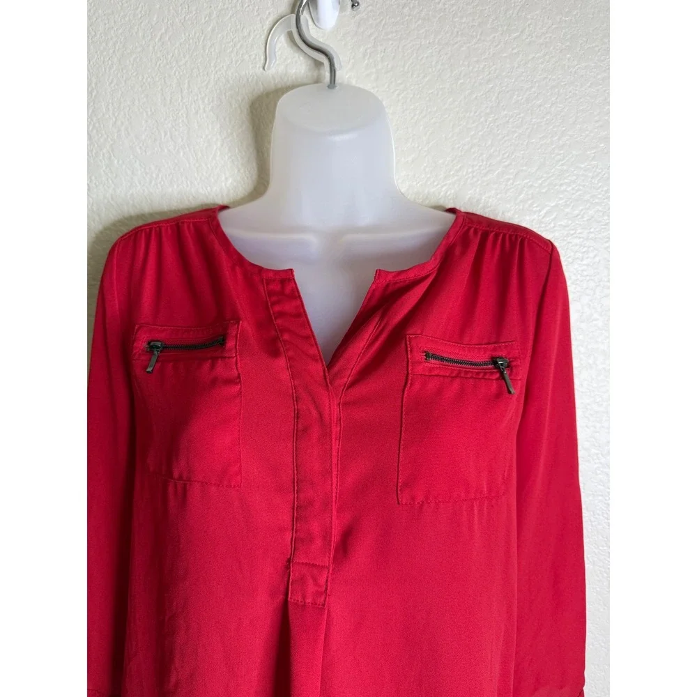 My Michelle Womens Small Blouse Red 3/4 Roll Tab Sleeve Zipper‎ Pocket High Low - Picture 3 of 11